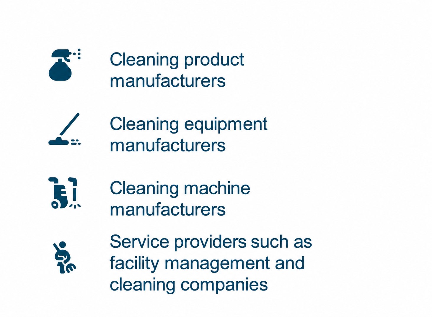 Cleaning market segments: cleaning products, equipment, machines, facility management and cleaning service providers.