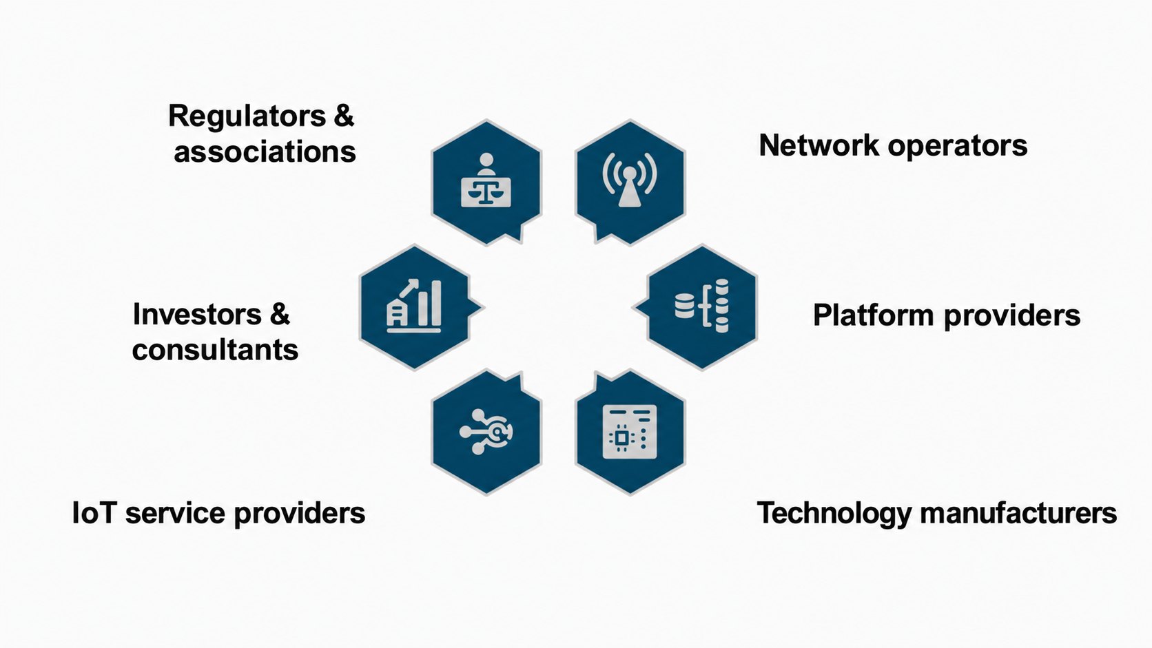 Regulatory authorities & associations, network operators, platform providers, technology manufacturers, IoT service providers, investors & consultants