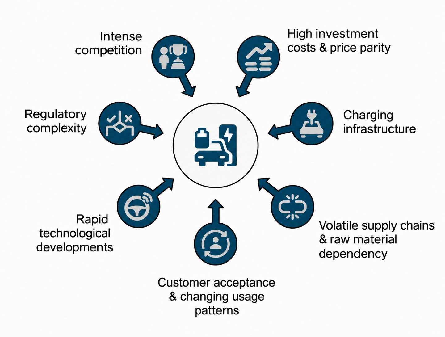 Challenges: Intense competition, high investment costs & price parity, charging infrastructure, volatile supply chains & raw material dependence, customer acceptance & changing usage behavior, rapid technological developments, regulatory complexity